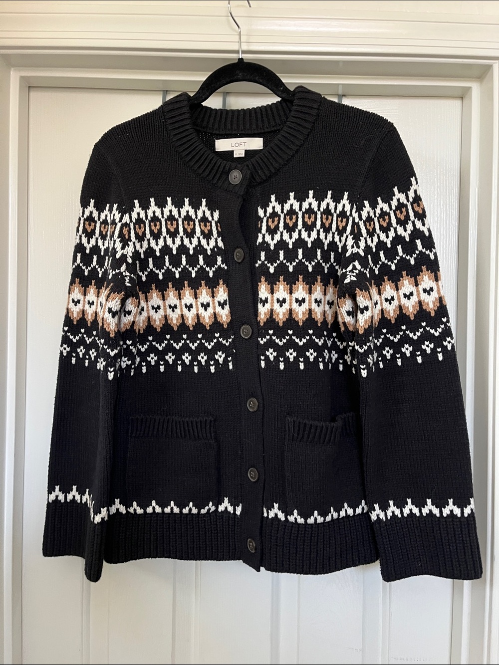 LOFT Black Fair Isle Button Cardigan with White and Tan Accents